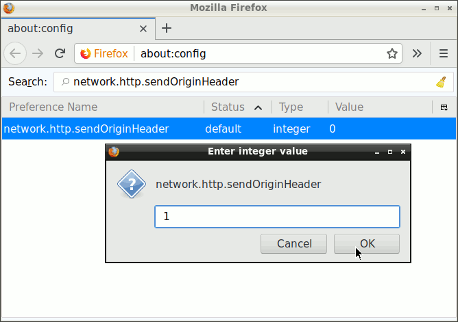 Screenshot of how to change network.http.sendOriginHeader in Firefox