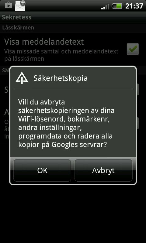 Screenshot of Android warning dialog.